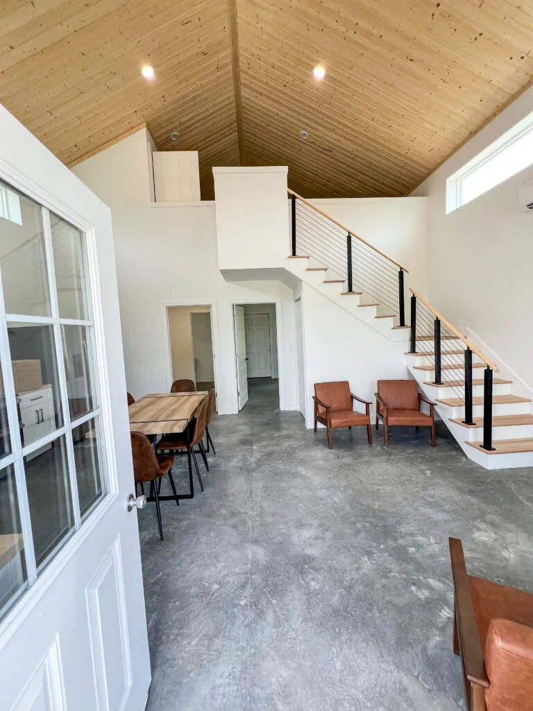 Inside a modern cabin at Riverbend Ranch